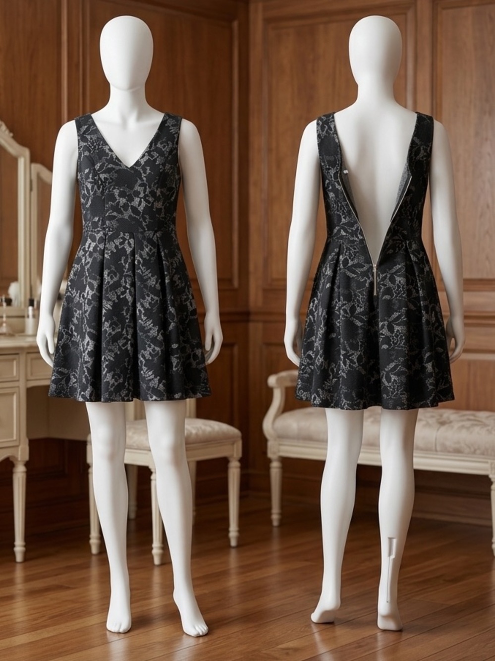 She + Sky Black Silver Jaquard V-Neck Mini Dress XL